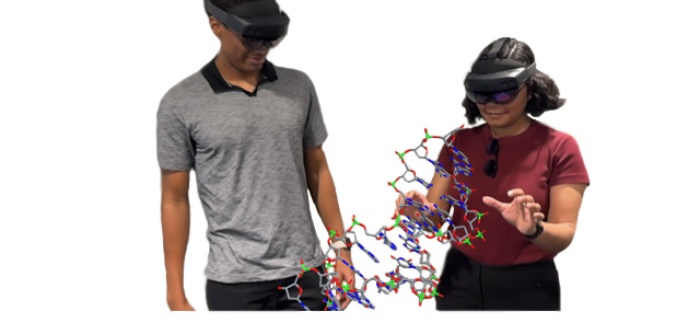Students wearing XR headsets surrounded by oversized helical molecular structures, reaching out to physically sort them by chirality.
