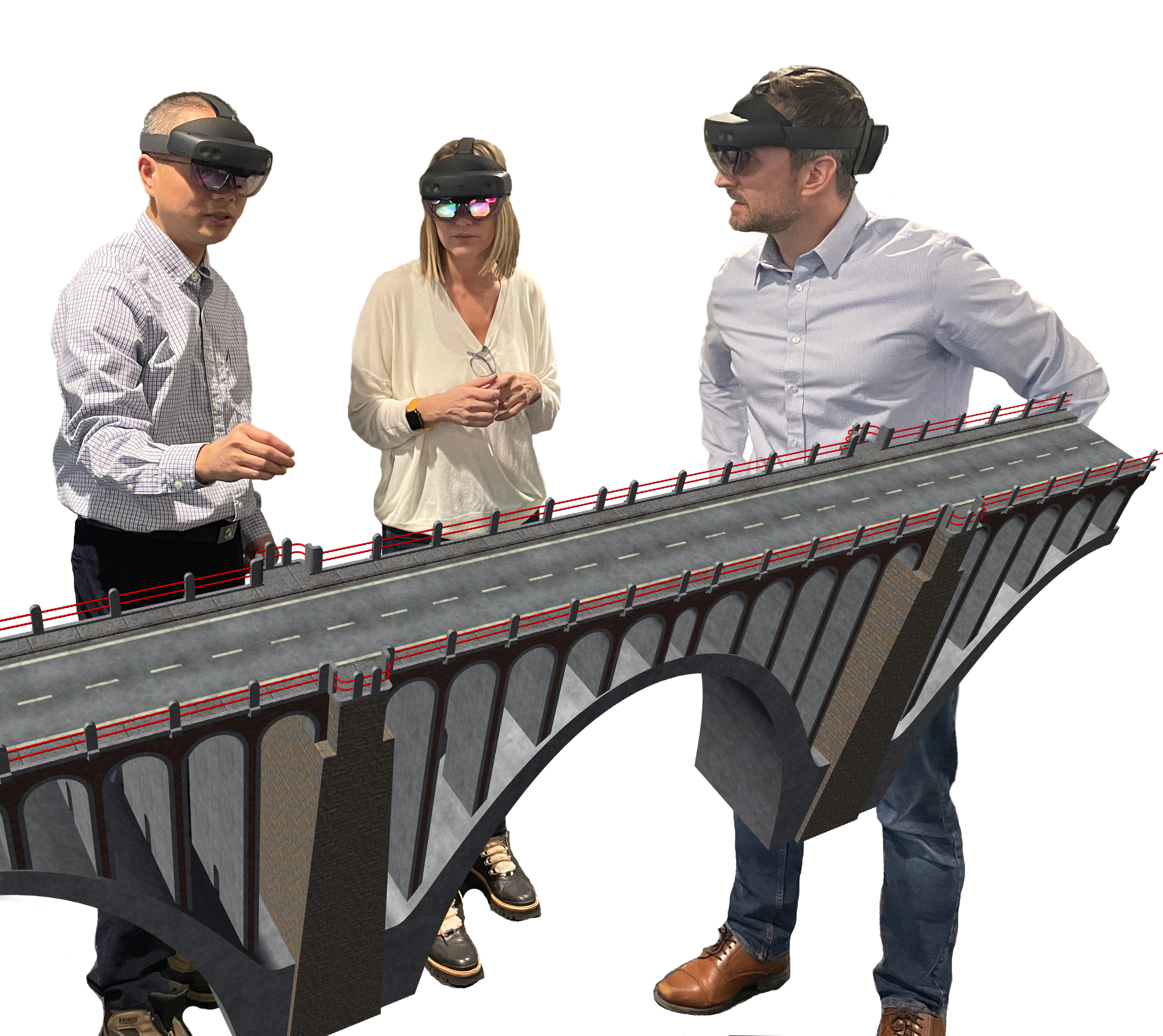 POV from inside a holographic 3D model of a bridge structure. Bright colored annotations mark structural concerns. A remote collaborator's avatar is visible examining a joint.