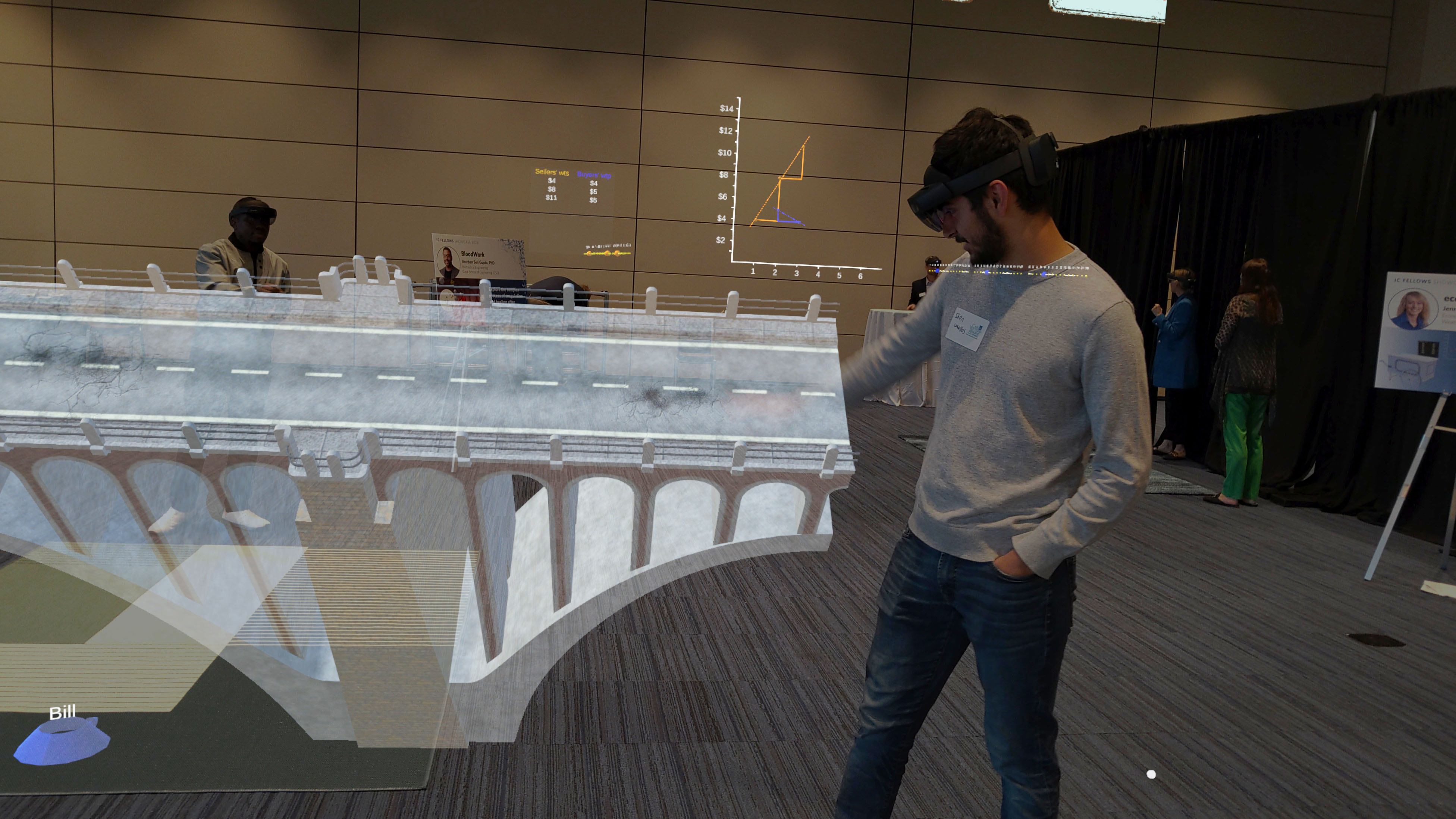 An inspector in safety gear on scaffolding next to a bridge structure, illustrating the dangerous physical conditions of traditional inspection.