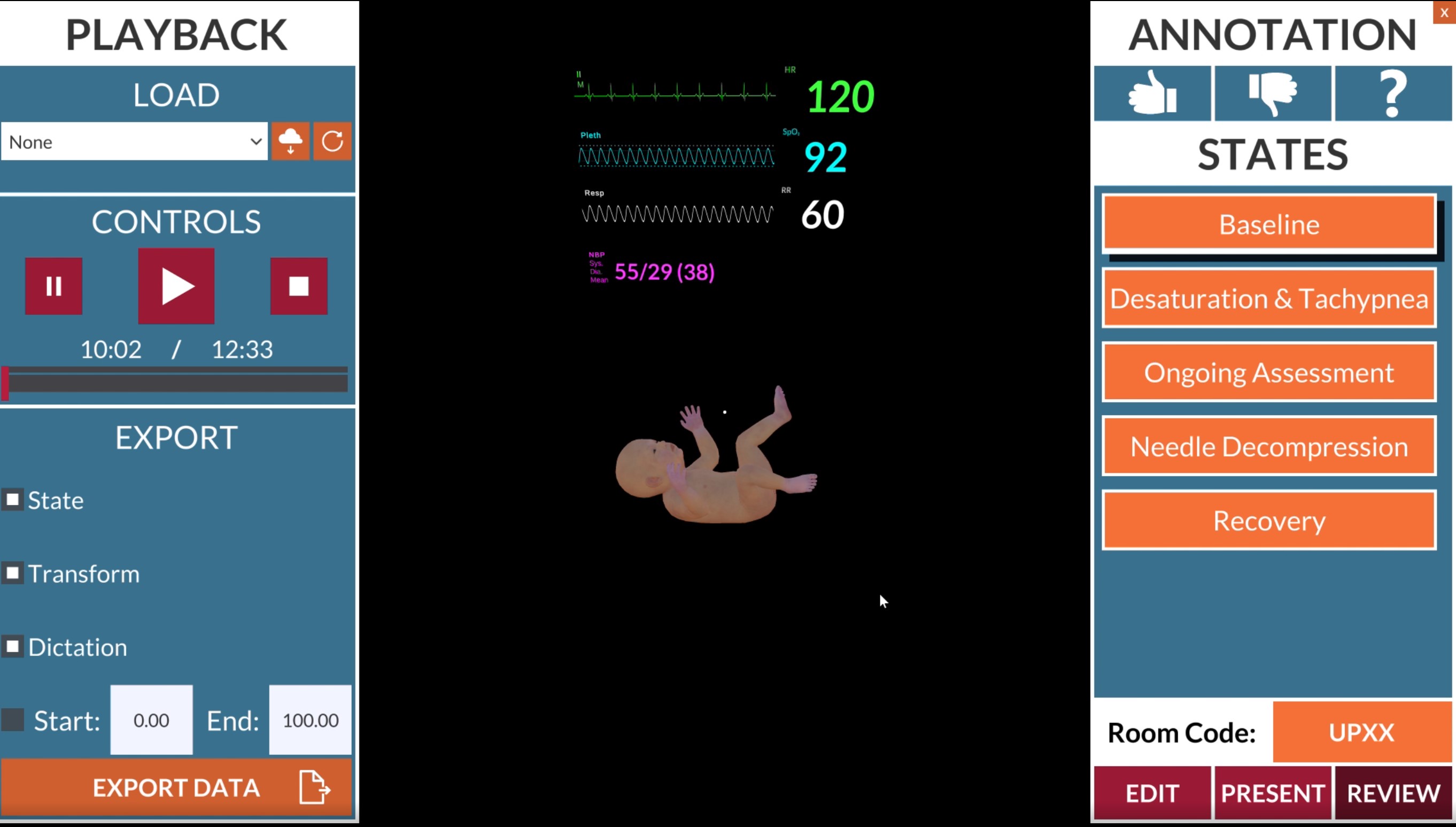 Close-up of the HoloBaby simulation kit: a small mannequin with visible holographic vital signs and skin color changes overlaid.