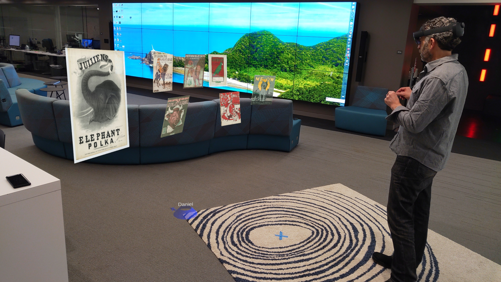 A user inside LightBox, with hundreds of images arranged in 3D clusters. One image is enlarged for close examination while the broader collection pattern is visible behind.